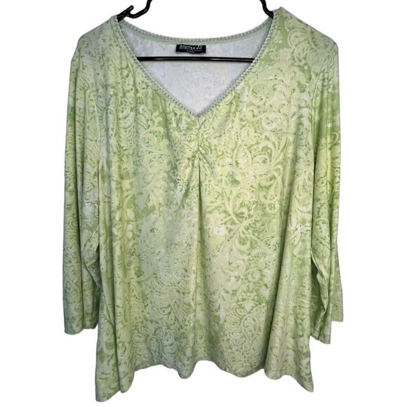biyaycda Lime Green Floral Patterned Long Sleeve Stretchy Blouse - Picture 1 of 6